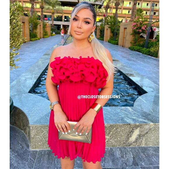 ZARA Red Pleated Mini Dress NWT | Blogger Fave Ruffle Straight Neck - Picture 9 of 16